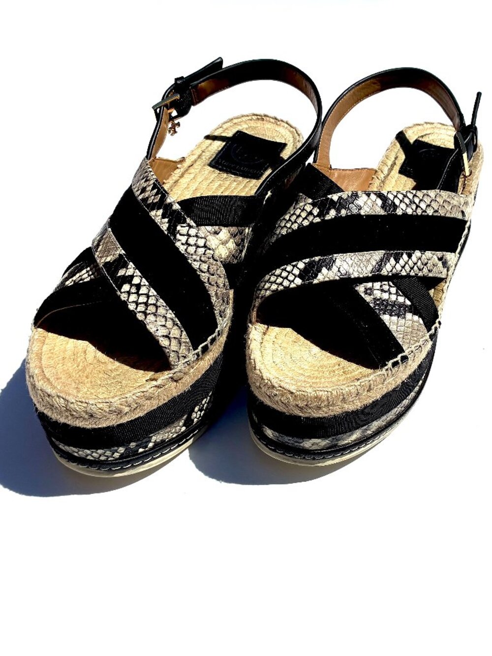Women’s Tory Burch Black Snake Leather Grosgrain Platform Espadrille Sandals 8.5